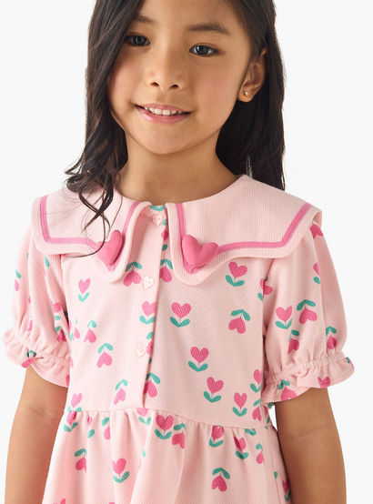 Juniors Sailor Neck Short Puff Sleeves Dress with Heart Print-girls-clothing-dressesandjumpsuits-image-4