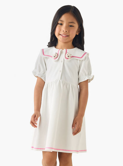 Juniors Sailor Collar Short Sleeves Dress with Bear Applique-girls-clothing-dressesandjumpsuits-image-1