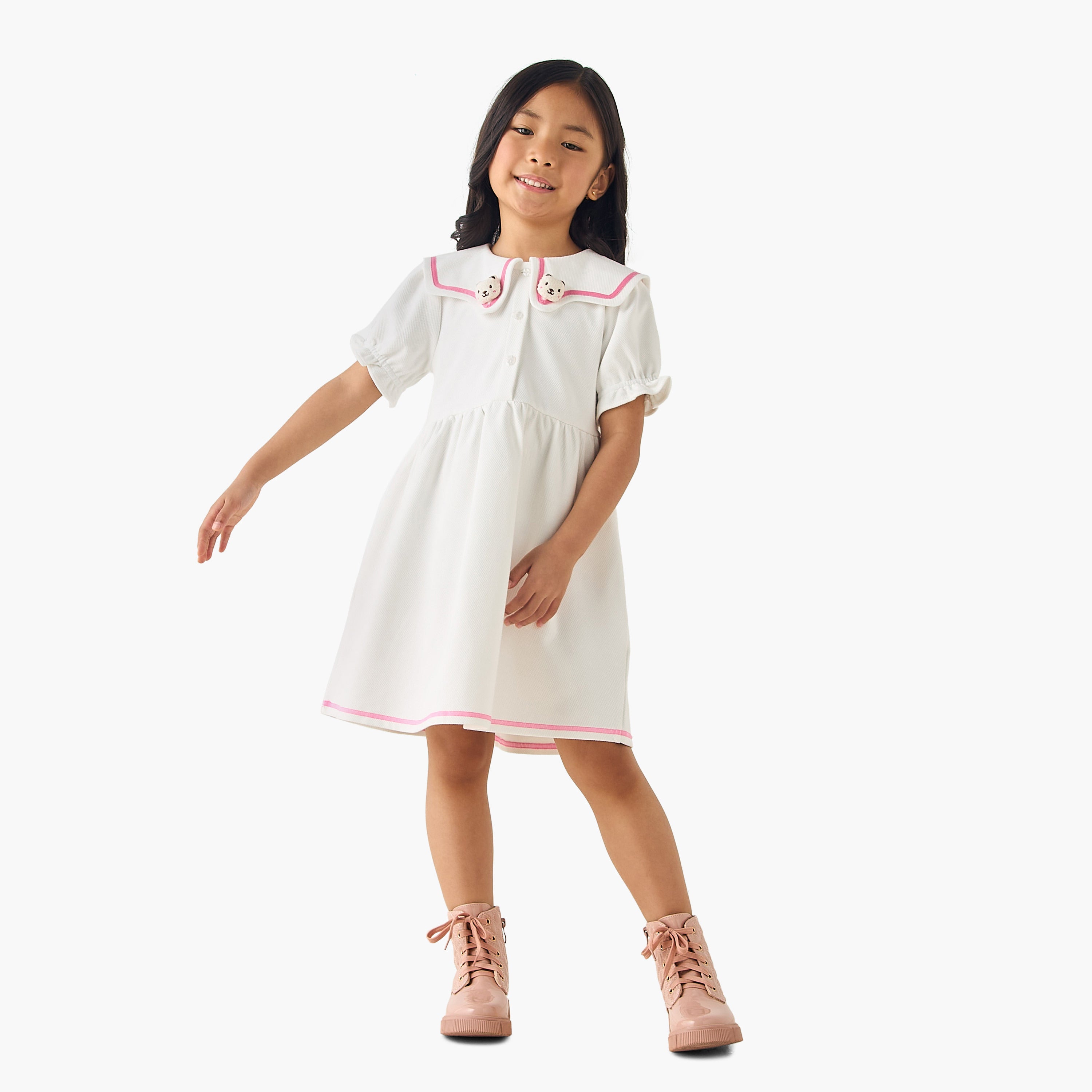 Juniors Sailor Collar Short Sleeves Dress with Bear Applique