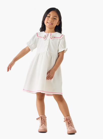 Juniors Sailor Collar Short Sleeves Dress with Bear Applique-girls-clothing-dressesandjumpsuits-image-2