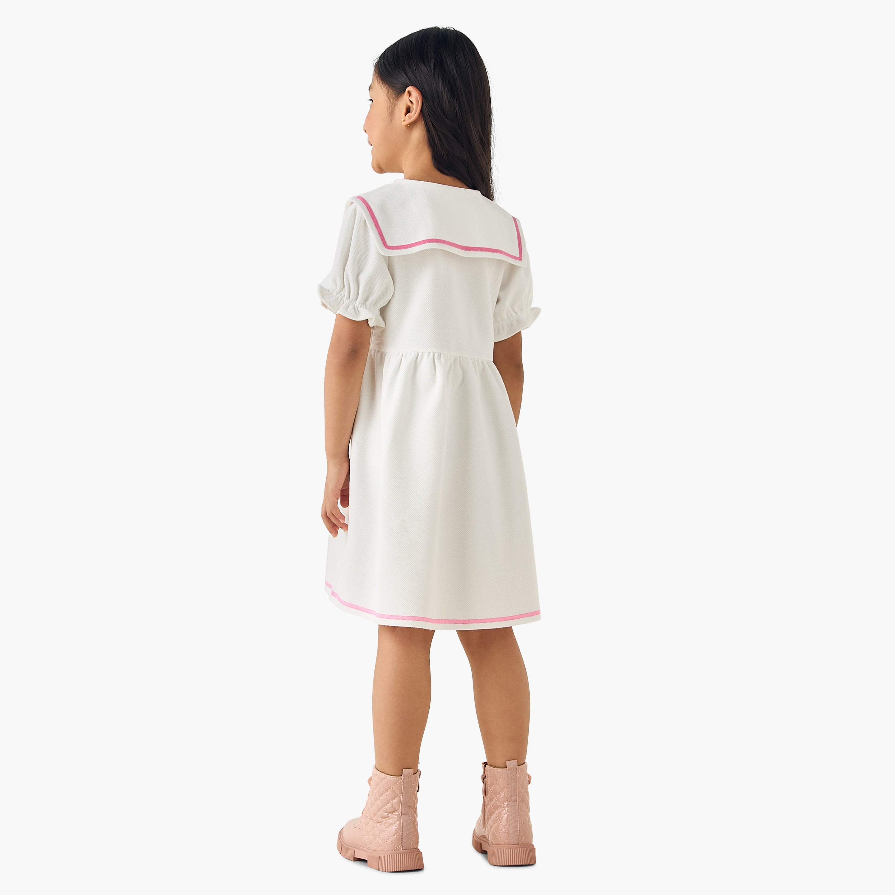 Juniors Sailor Collar Short Sleeves Dress with Bear Applique