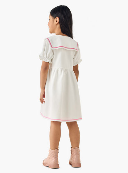 Juniors Sailor Collar Short Sleeves Dress with Bear Applique-girls-clothing-dressesandjumpsuits-image-3