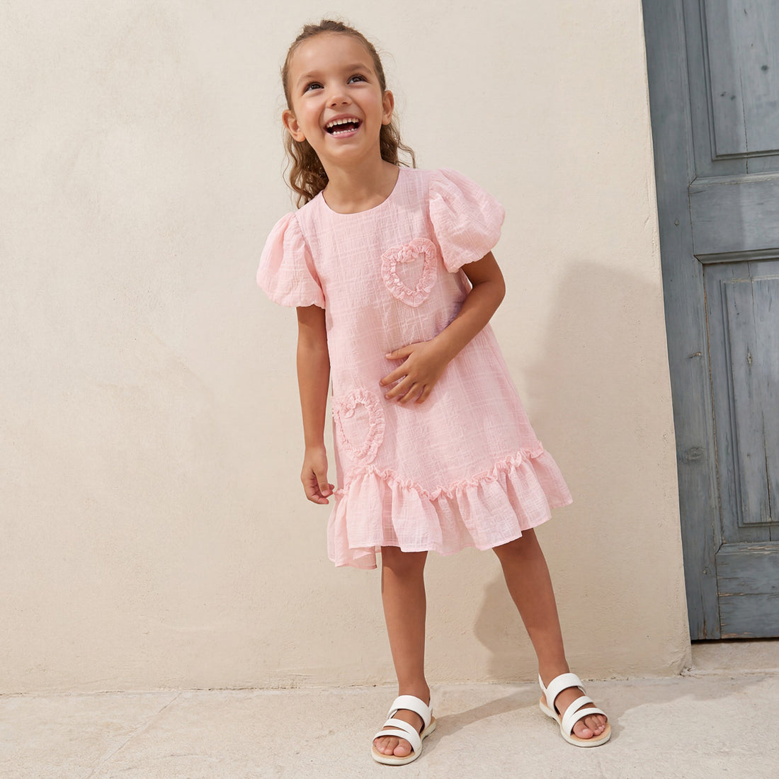 Juniors Round Neck Balloon Sleeve Dress with Heart Applique - Pink / 1-2 yrs