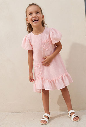 Juniors Round Neck Balloon Sleeve Dress with Heart Applique