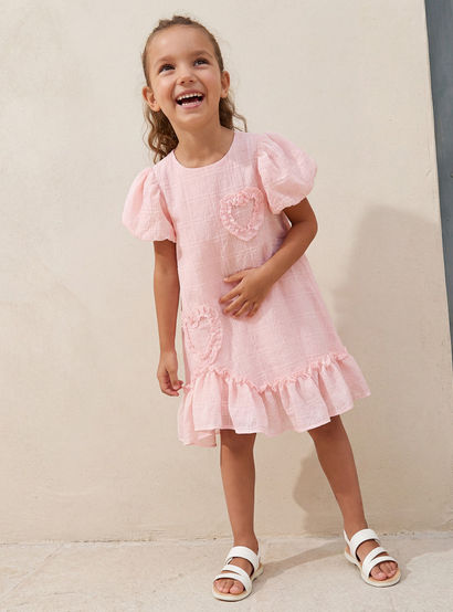 Juniors Round Neck Balloon Sleeve Dress with Heart Applique-girls-clothing-dressesandjumpsuits-image-1