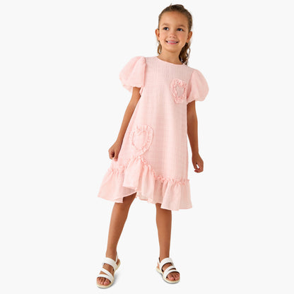 Juniors Round Neck Balloon Sleeve Dress with Heart Applique