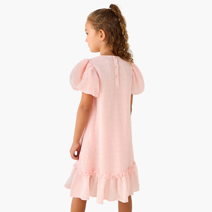 Juniors Round Neck Balloon Sleeve Dress with Heart Applique