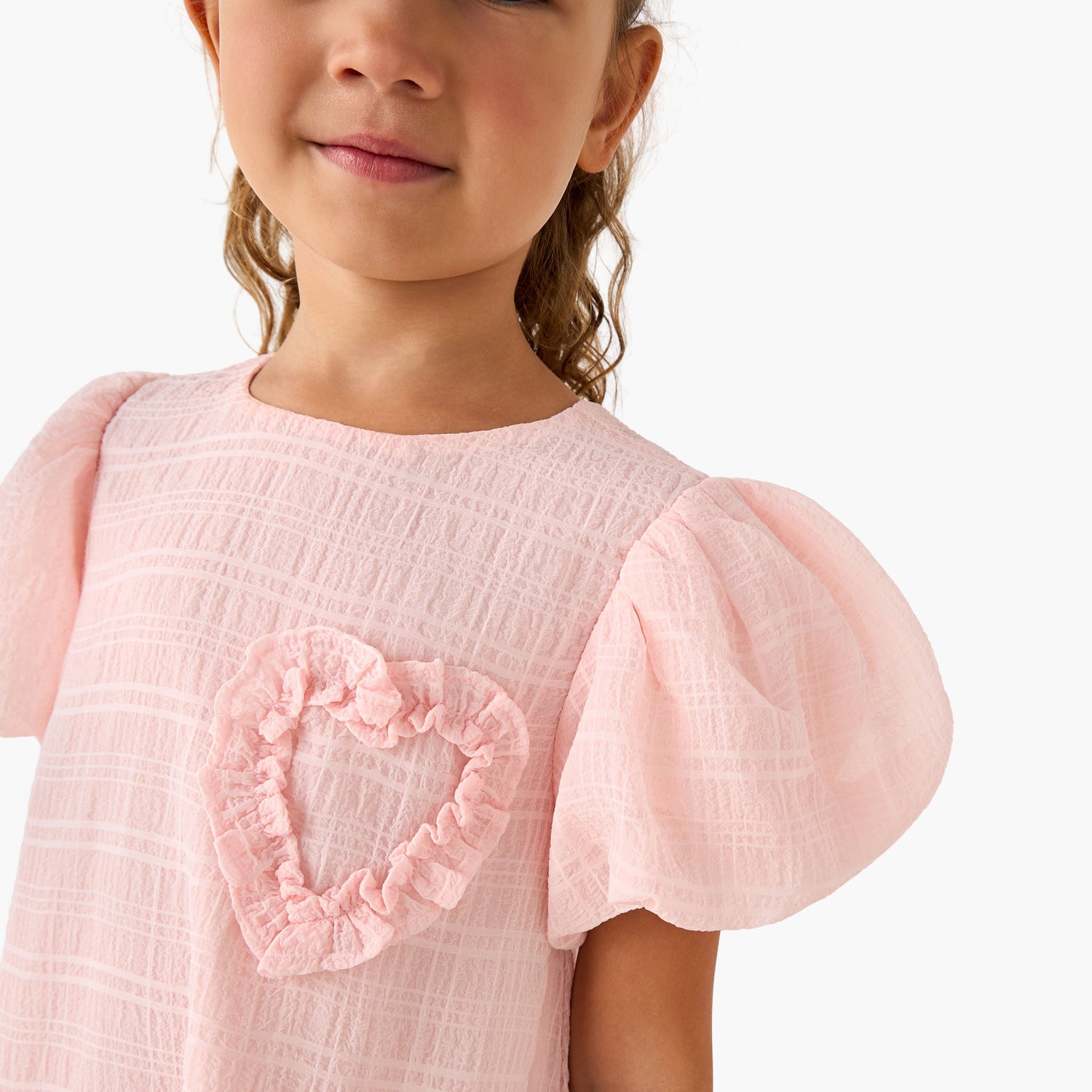 Juniors Round Neck Balloon Sleeve Dress with Heart Applique