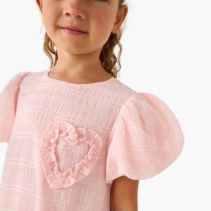 Juniors Round Neck Balloon Sleeve Dress with Heart Applique