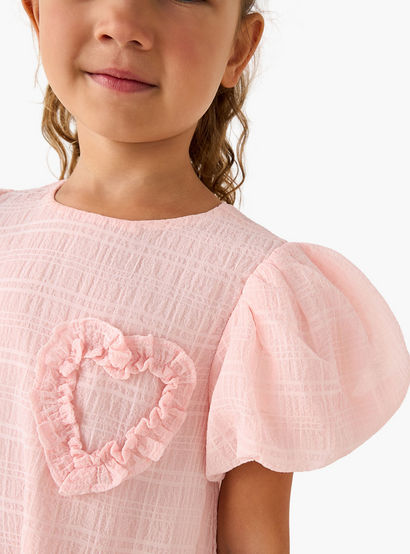 Juniors Round Neck Balloon Sleeve Dress with Heart Applique-girls-clothing-dressesandjumpsuits-image-4