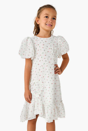Juniors Round Neck Balloon Sleeve Dress with Heart Applique
