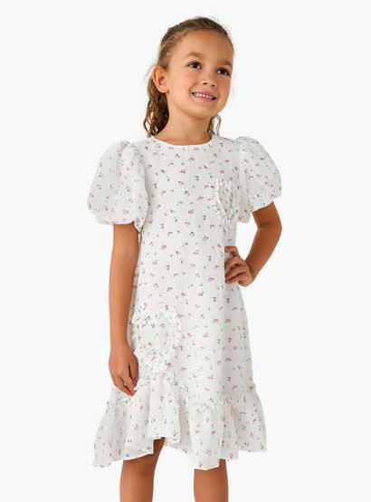 Juniors Round Neck Balloon Sleeve Dress with Heart Applique-girls-clothing-dressesandjumpsuits-image-1