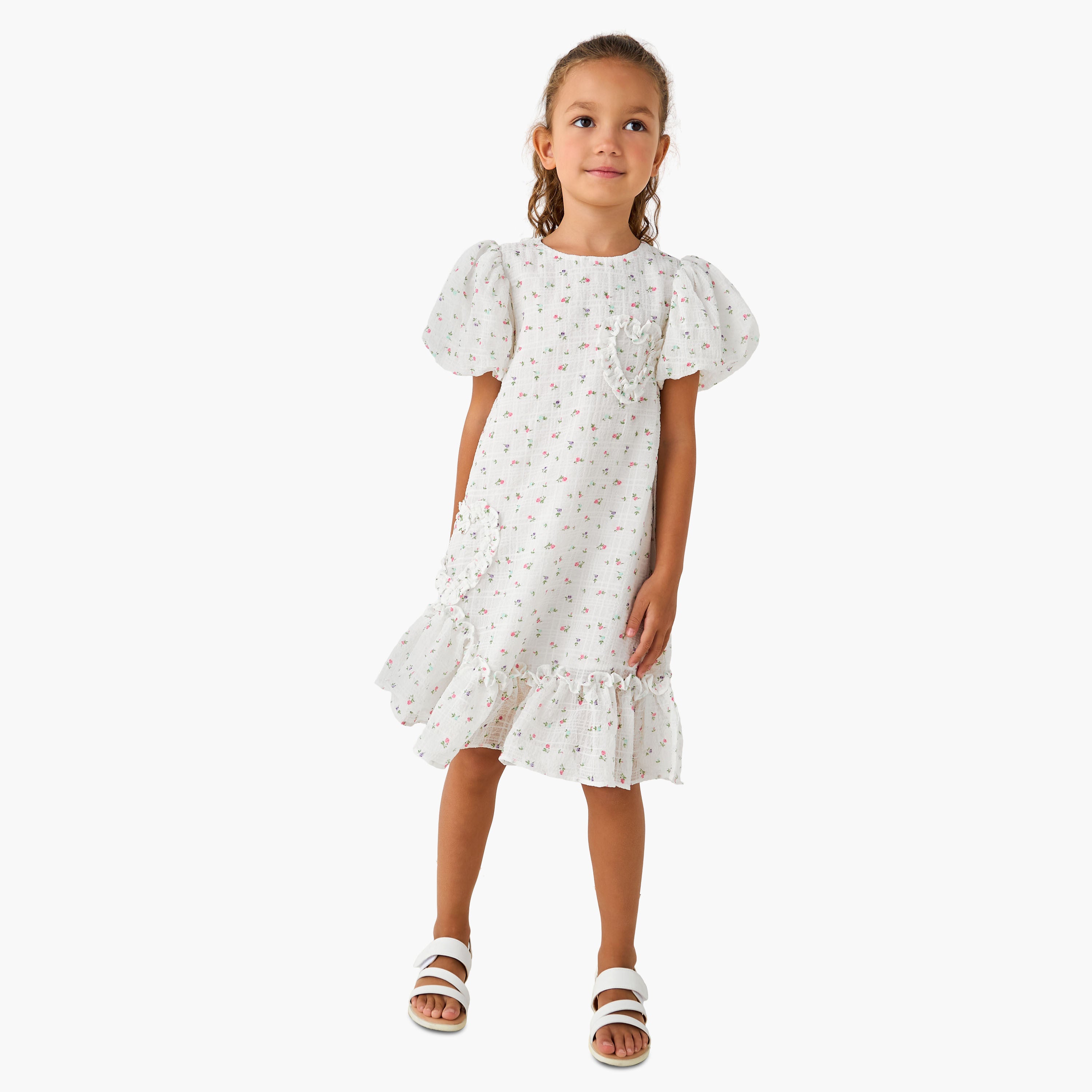 Juniors Round Neck Balloon Sleeve Dress with Heart Applique