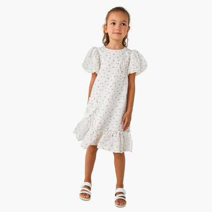 Juniors Round Neck Balloon Sleeve Dress with Heart Applique