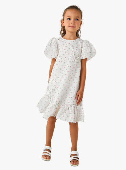 Juniors Round Neck Balloon Sleeve Dress with Heart Applique-girls-clothing-dressesandjumpsuits-image-2