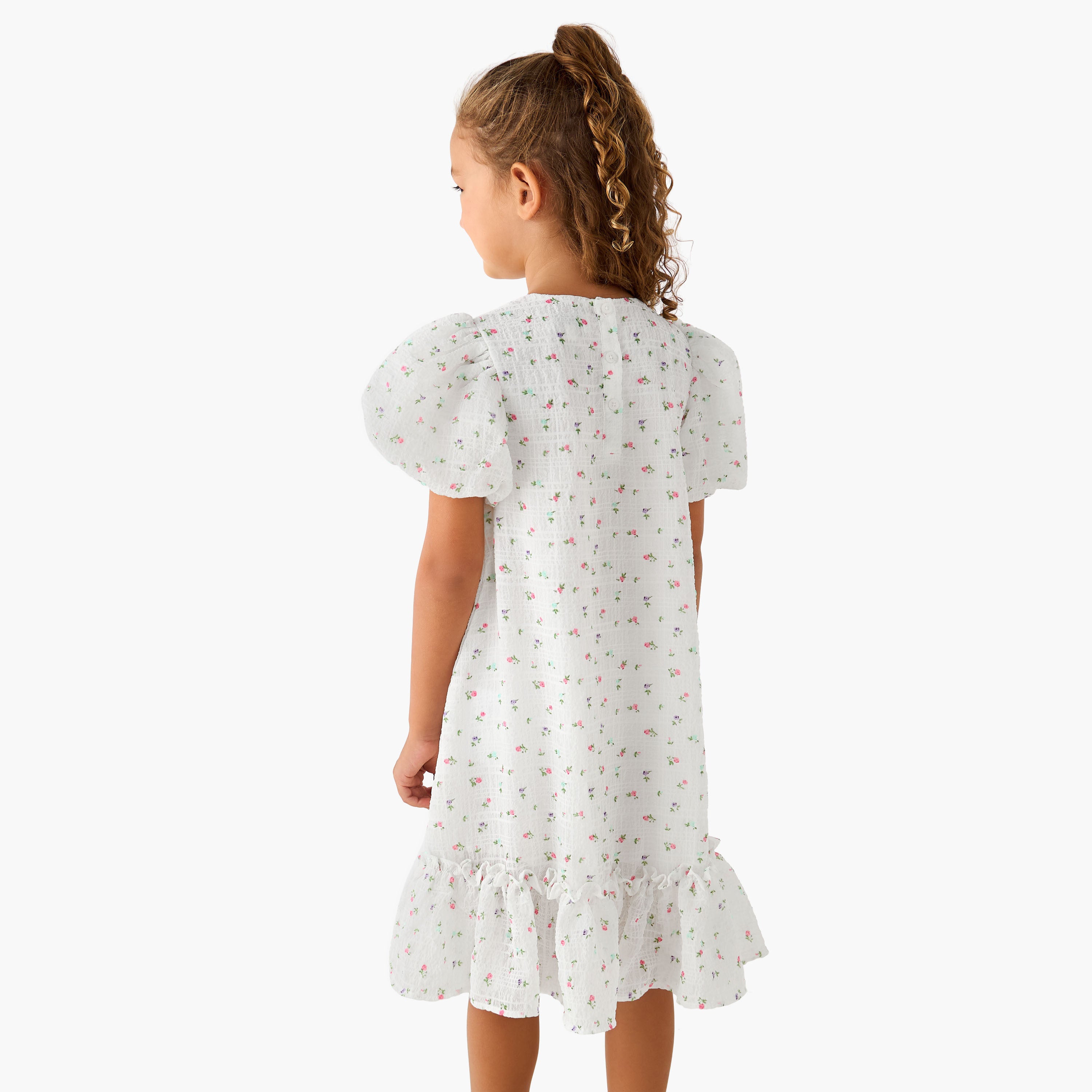 Juniors Round Neck Balloon Sleeve Dress with Heart Applique