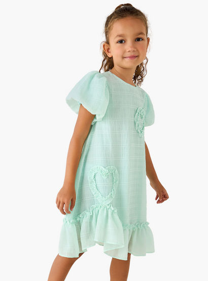 Juniors Round Neck Balloon Sleeve Dress with Heart Applique-girls-clothing-dressesandjumpsuits-image-1