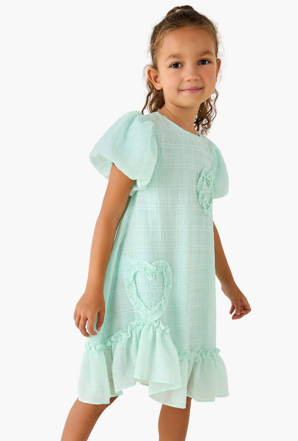 Juniors Round Neck Balloon Sleeve Dress with Heart Applique