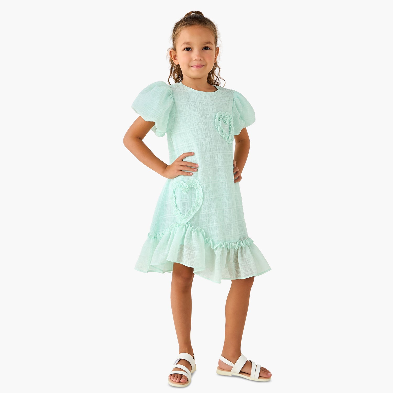 Juniors Round Neck Balloon Sleeve Dress with Heart Applique