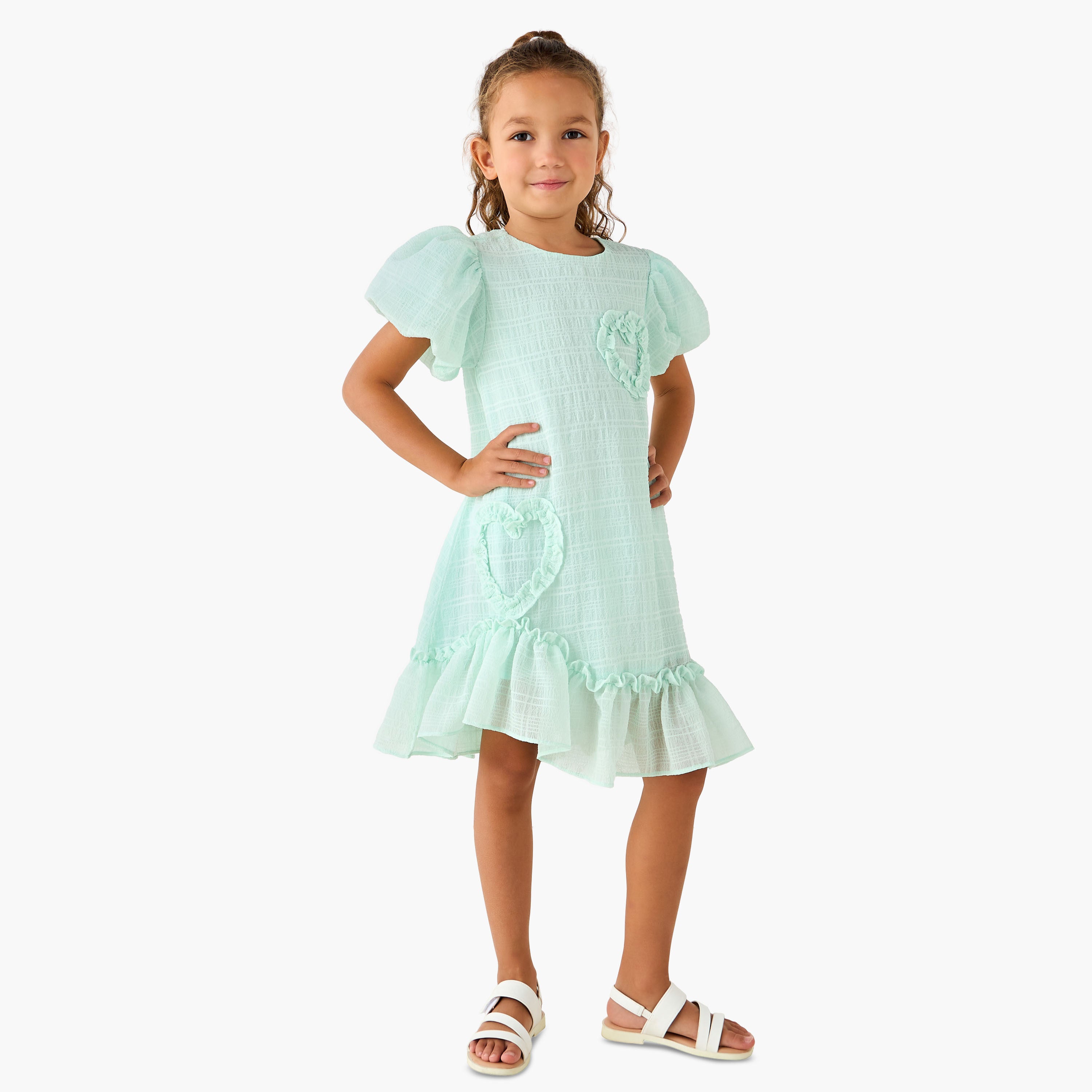 Juniors Round Neck Balloon Sleeve Dress with Heart Applique