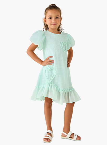 Juniors Round Neck Balloon Sleeve Dress with Heart Applique-girls-clothing-dressesandjumpsuits-image-2