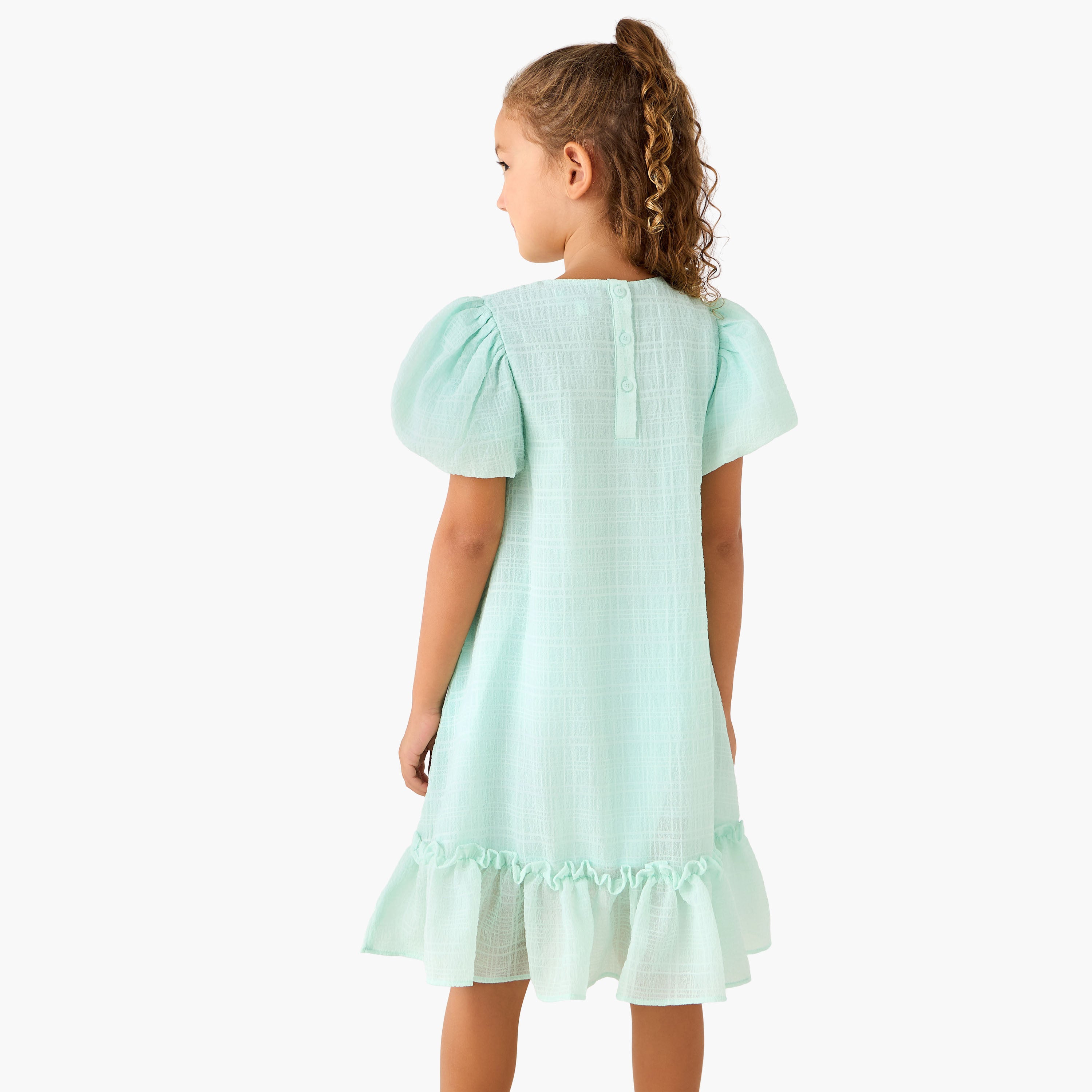Juniors Round Neck Balloon Sleeve Dress with Heart Applique