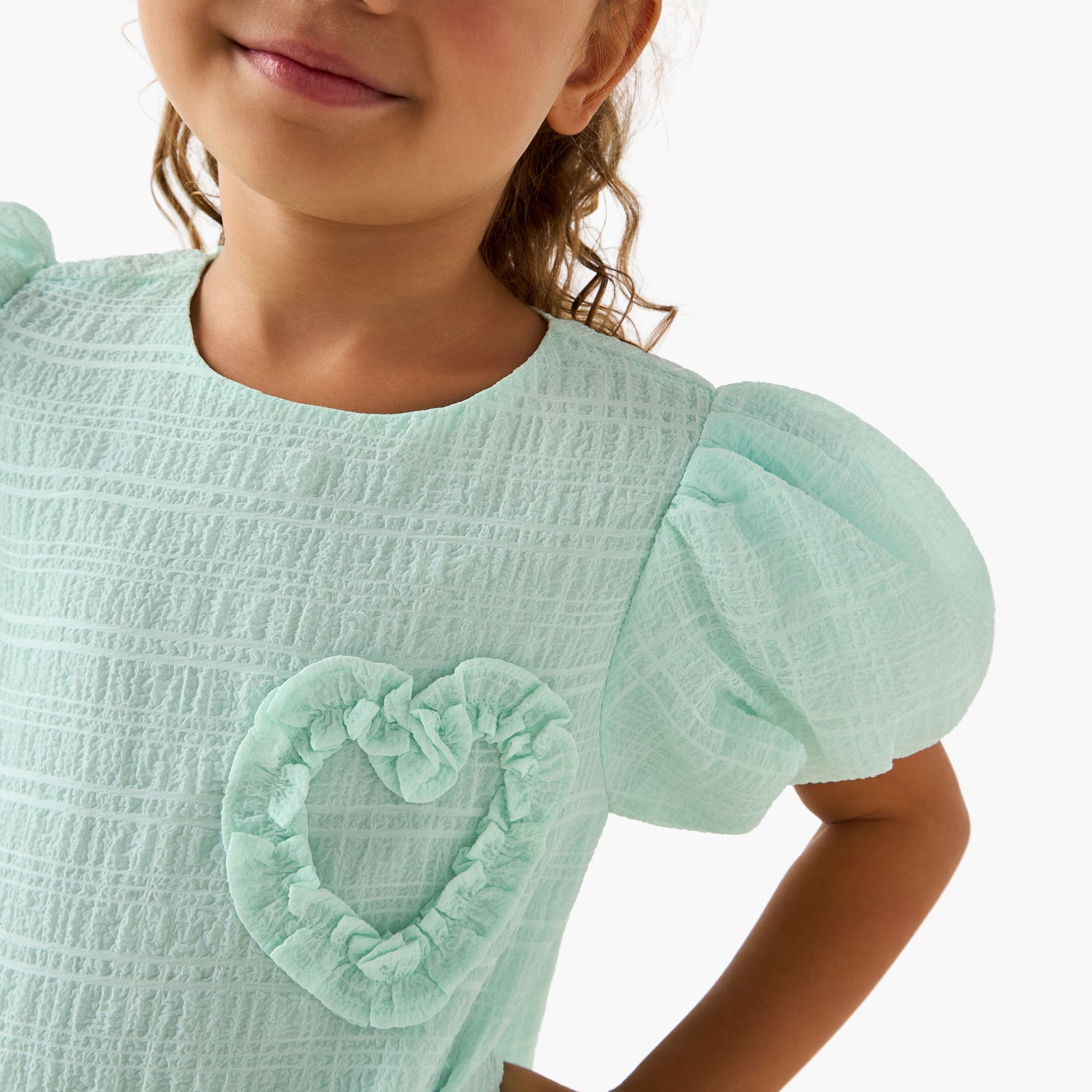 Juniors Round Neck Balloon Sleeve Dress with Heart Applique