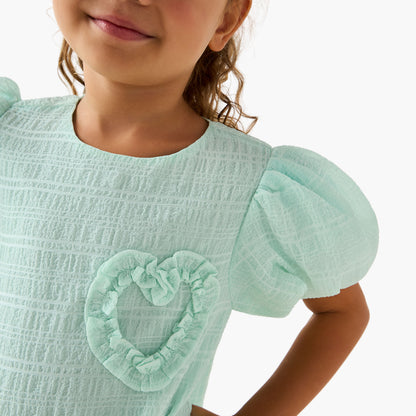 Juniors Round Neck Balloon Sleeve Dress with Heart Applique