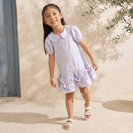 Juniors Peter Pan Collar Short Sleeves Drop Waist Dress with Ruffle Detail-undefined-image-1