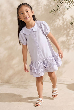 Juniors Peter Pan Collar Short Sleeves Drop Waist Dress with Ruffle Detail