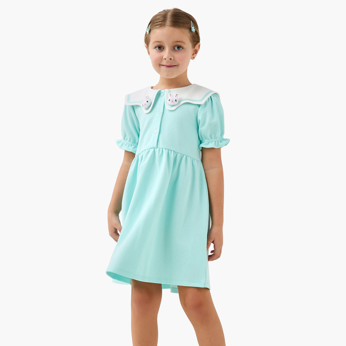 Juniors Sailor Neck Short Sleeves A-Line Dress with Bunny Applique - Green / 3-4 yrs