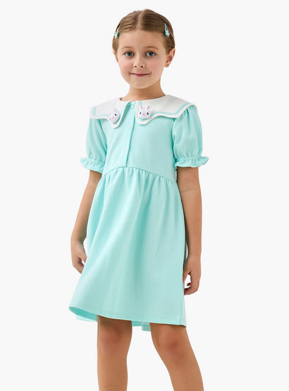 Juniors Sailor Neck Short Sleeves A-Line Dress with Bunny Applique-girls-clothing-dressesandjumpsuits-image-1