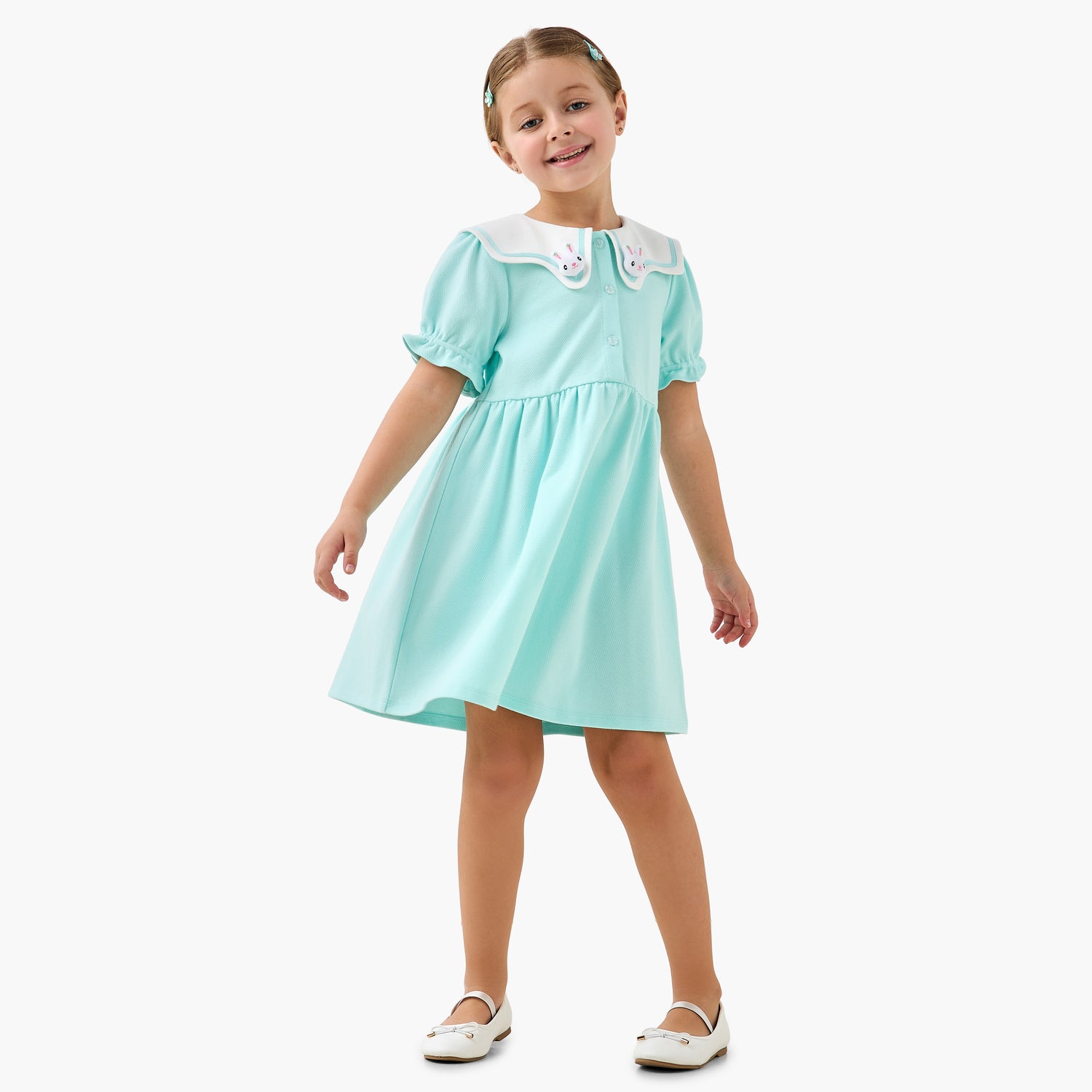 Juniors Sailor Neck Short Sleeves A-Line Dress with Bunny Applique