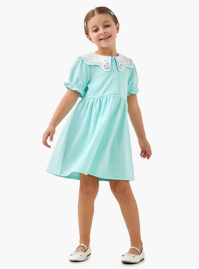 Juniors Sailor Neck Short Sleeves A-Line Dress with Bunny Applique-girls-clothing-dressesandjumpsuits-image-2