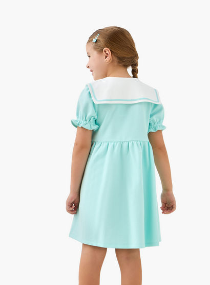 Juniors Sailor Neck Short Sleeves A-Line Dress with Bunny Applique-girls-clothing-dressesandjumpsuits-image-3