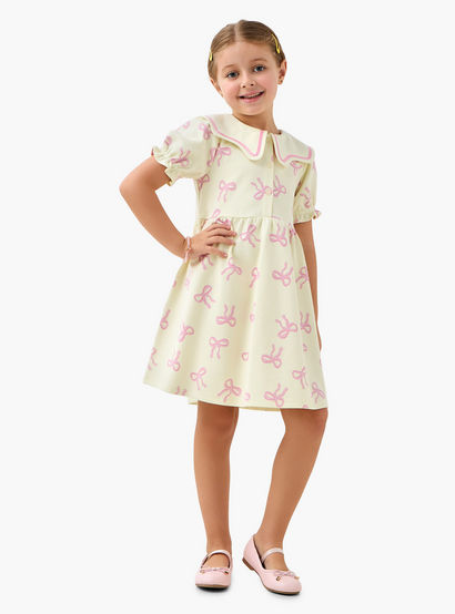 Juniors Sailor Neck Short Sleeves A-Line Dress with Bow Print-girls-clothing-dressesandjumpsuits-image-1
