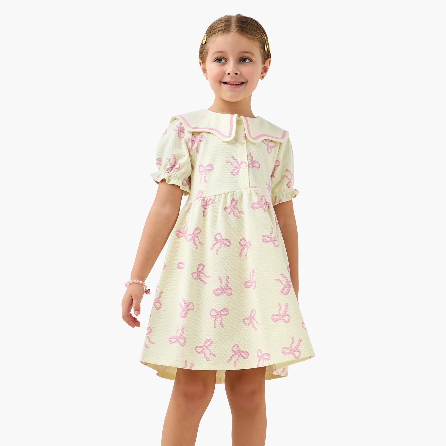 Juniors Sailor Neck Short Sleeves A-Line Dress with Bow Print