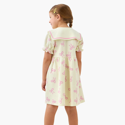 Juniors Sailor Neck Short Sleeves A-Line Dress with Bow Print