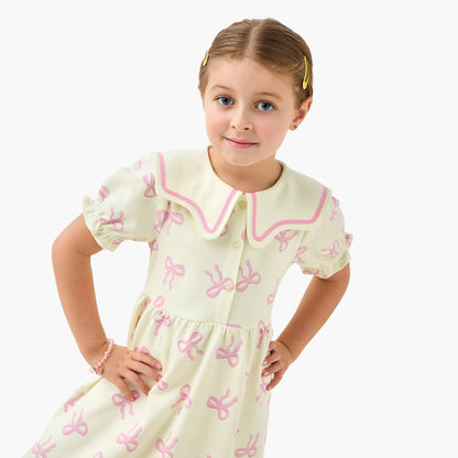 Juniors Sailor Neck Short Sleeves A-Line Dress with Bow Print