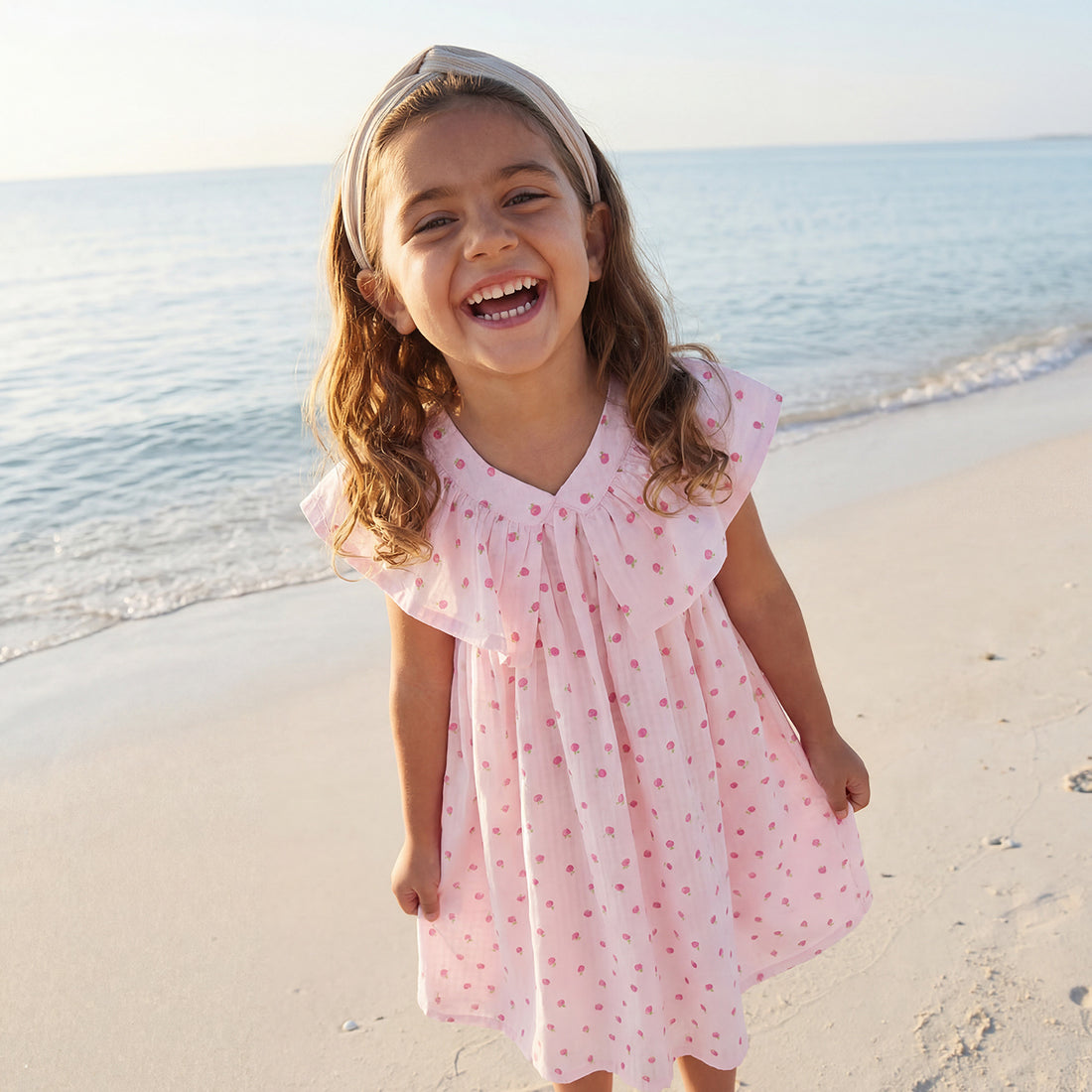 Juniors V-neck Sleeveless Knee-Length Dress with Fruit Print - Pink / 6-7 yrs
