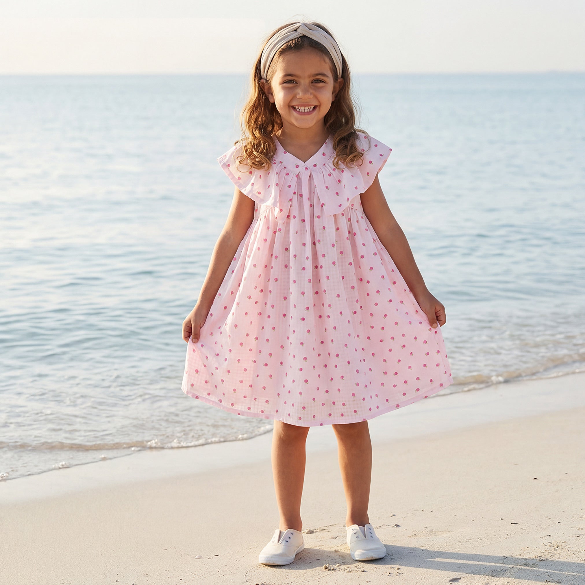 Juniors V-neck Sleeveless Knee-Length Dress with Fruit Print