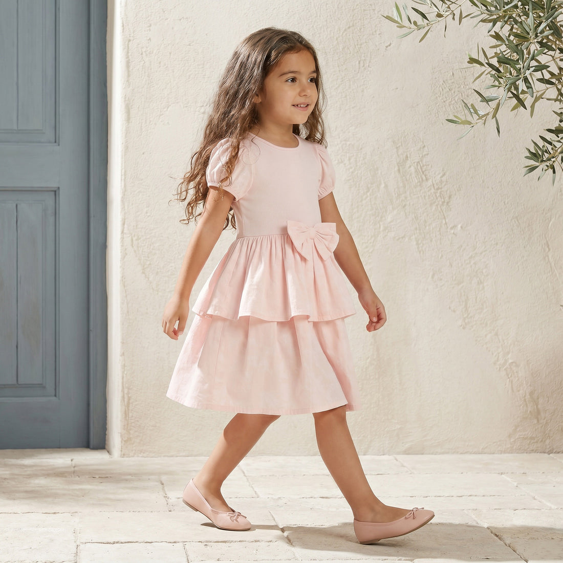 Juniors Round Neck Short Sleeves Knee Length Tiered Dress with Bow Accent - Pink / 4-5 yrs