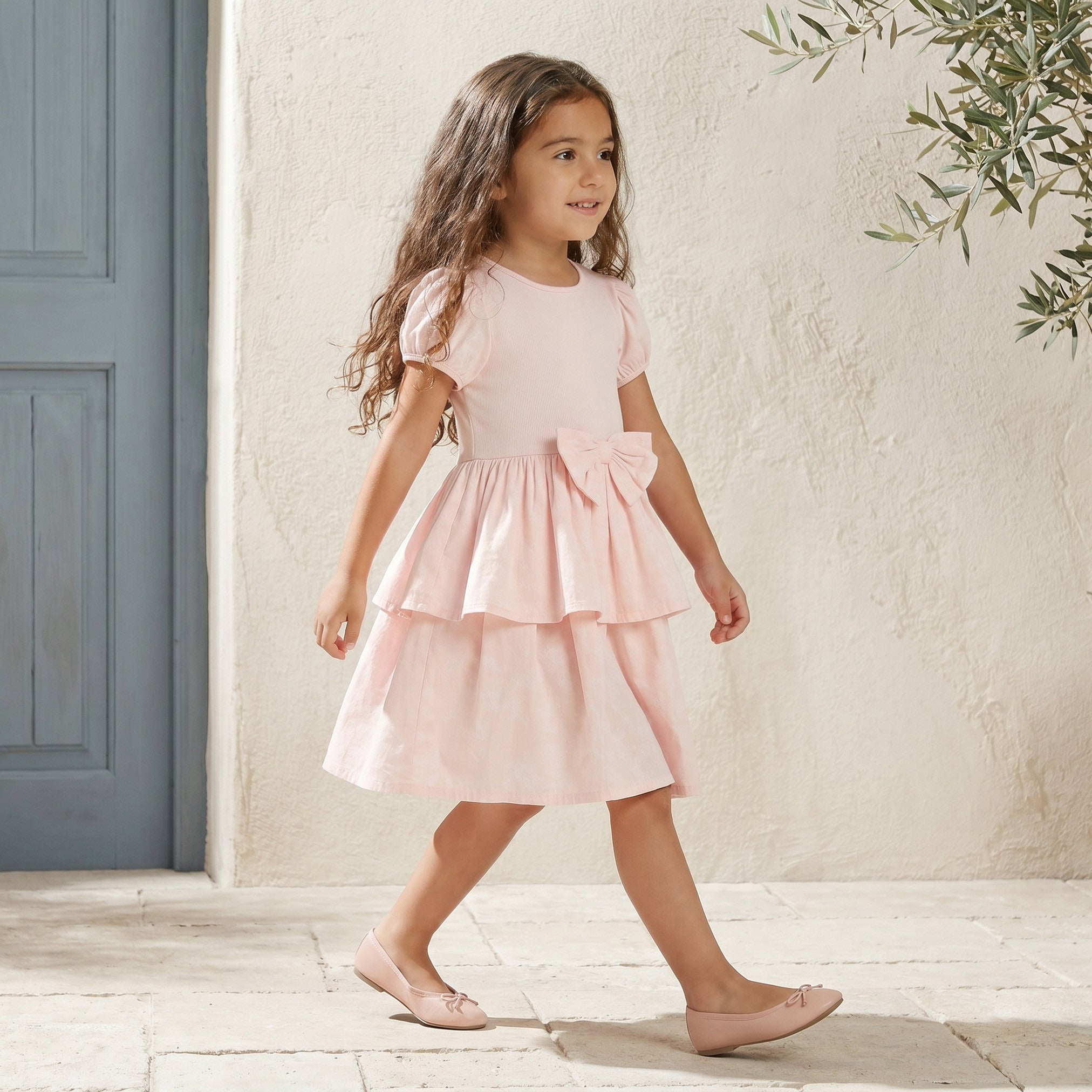 Juniors Round Neck Short Sleeves Knee Length Tiered Dress with Bow Accent - Pink / 4-5 yrs
