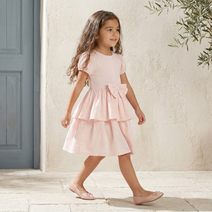 Juniors Round Neck Short Sleeves Knee Length Tiered Dress with Bow Accent - Pink / 4-5 yrs