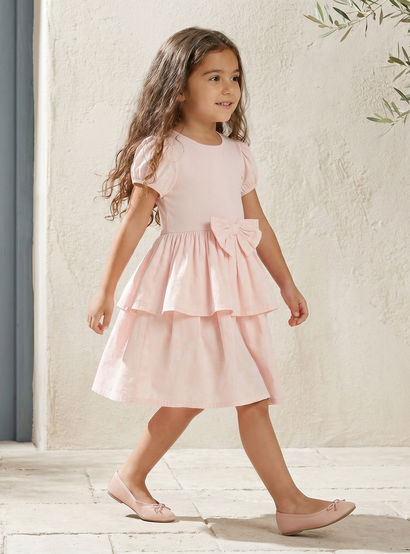 Juniors Round Neck Short Sleeves Knee Length Tiered Dress with Bow Accent-girls-clothing-dressesandjumpsuits-image-1