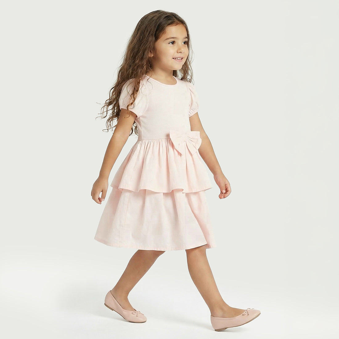 Juniors Round Neck Short Sleeves Knee Length Tiered Dress with Bow Accent