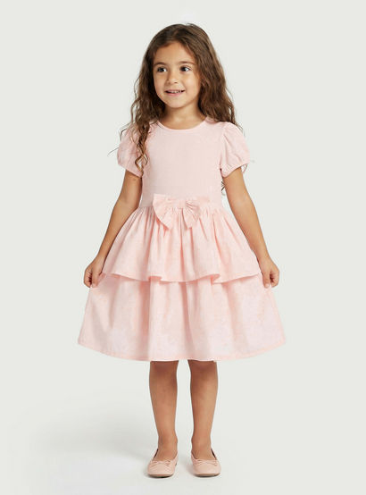 Juniors Round Neck Short Sleeves Knee Length Tiered Dress with Bow Accent-girls-clothing-dressesandjumpsuits-image-2