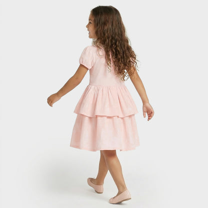 Juniors Round Neck Short Sleeves Knee Length Tiered Dress with Bow Accent