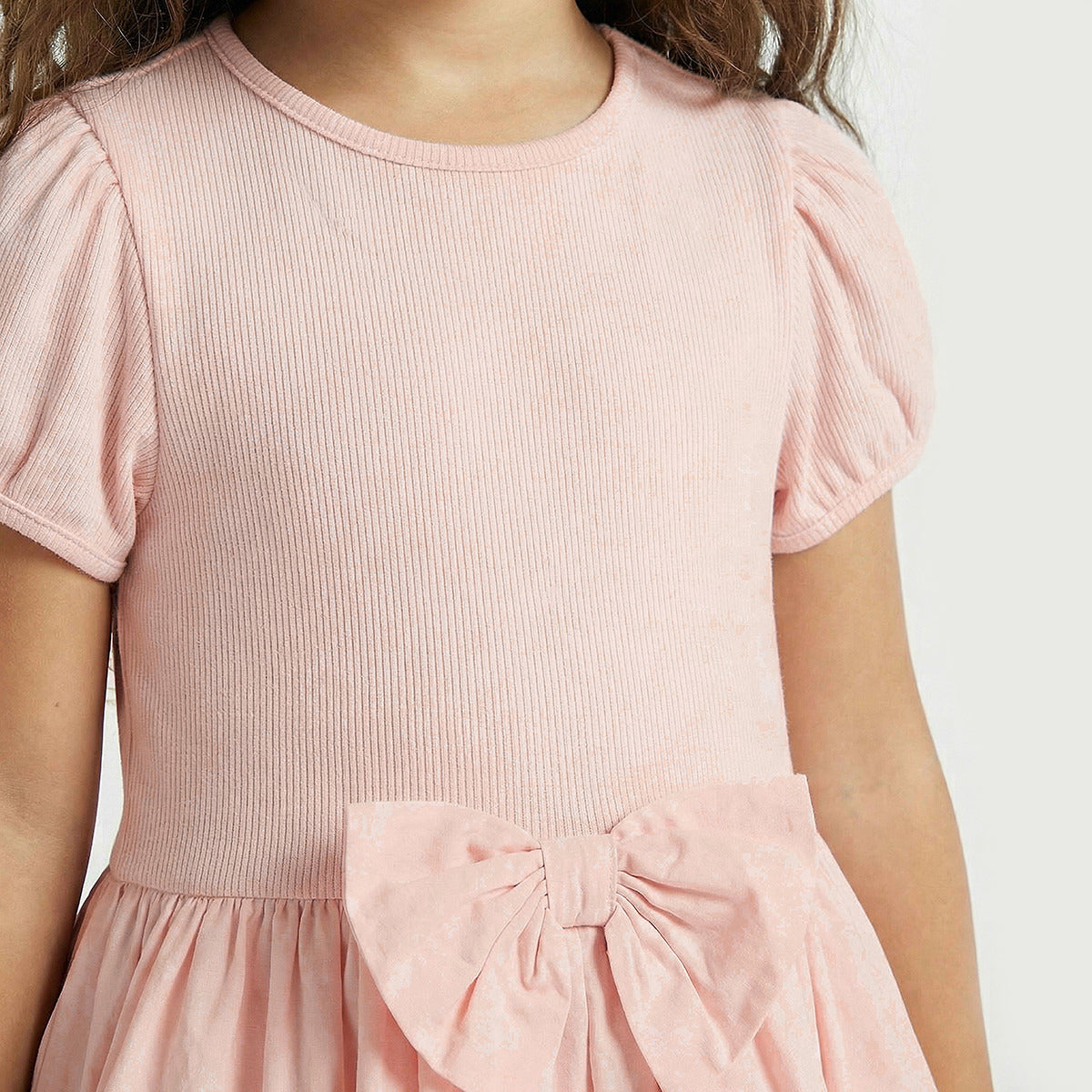 Juniors Round Neck Short Sleeves Knee Length Tiered Dress with Bow Accent