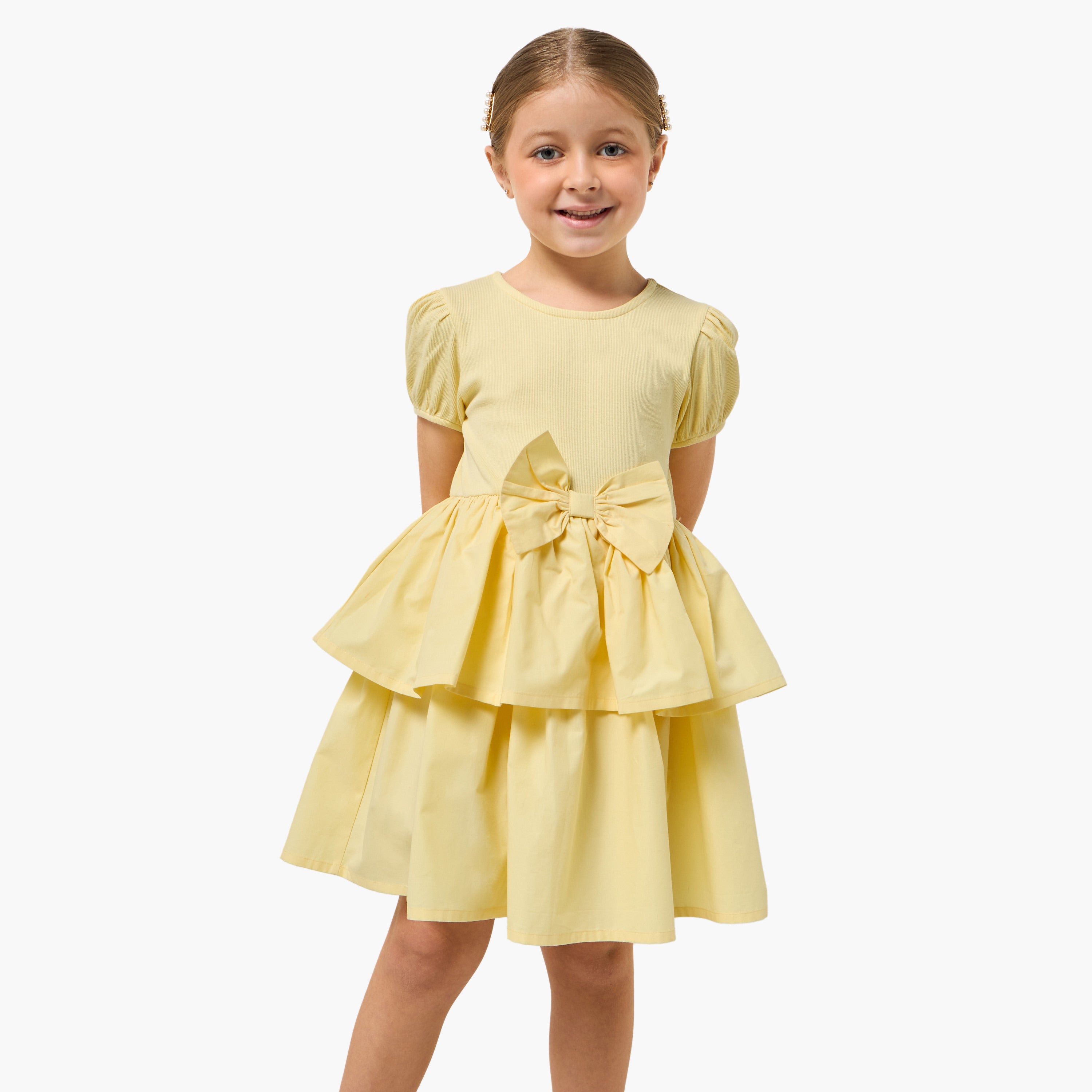 Juniors Round Neck Short Sleeves Knee Length Tiered Dress with Bow Detail - Yellow / 1-2 yrs